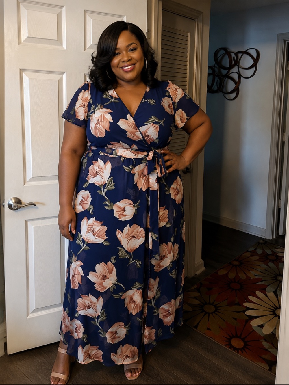 Navy Floral Fau Wrap Maxi Dress with Pink Flowers